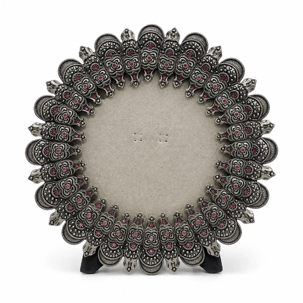 Vintage Style Round Pewter Tone Metal Picture Frame Pink Rhinestone Ornate